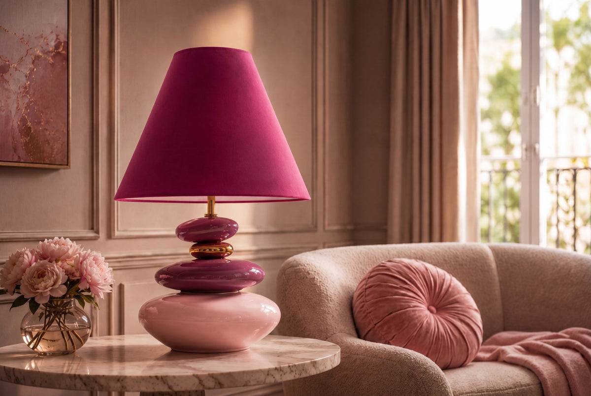Dekorative Tischlampe STONES OF ECSTASY 60cm pink rosa gold mit Stoffschirm rund