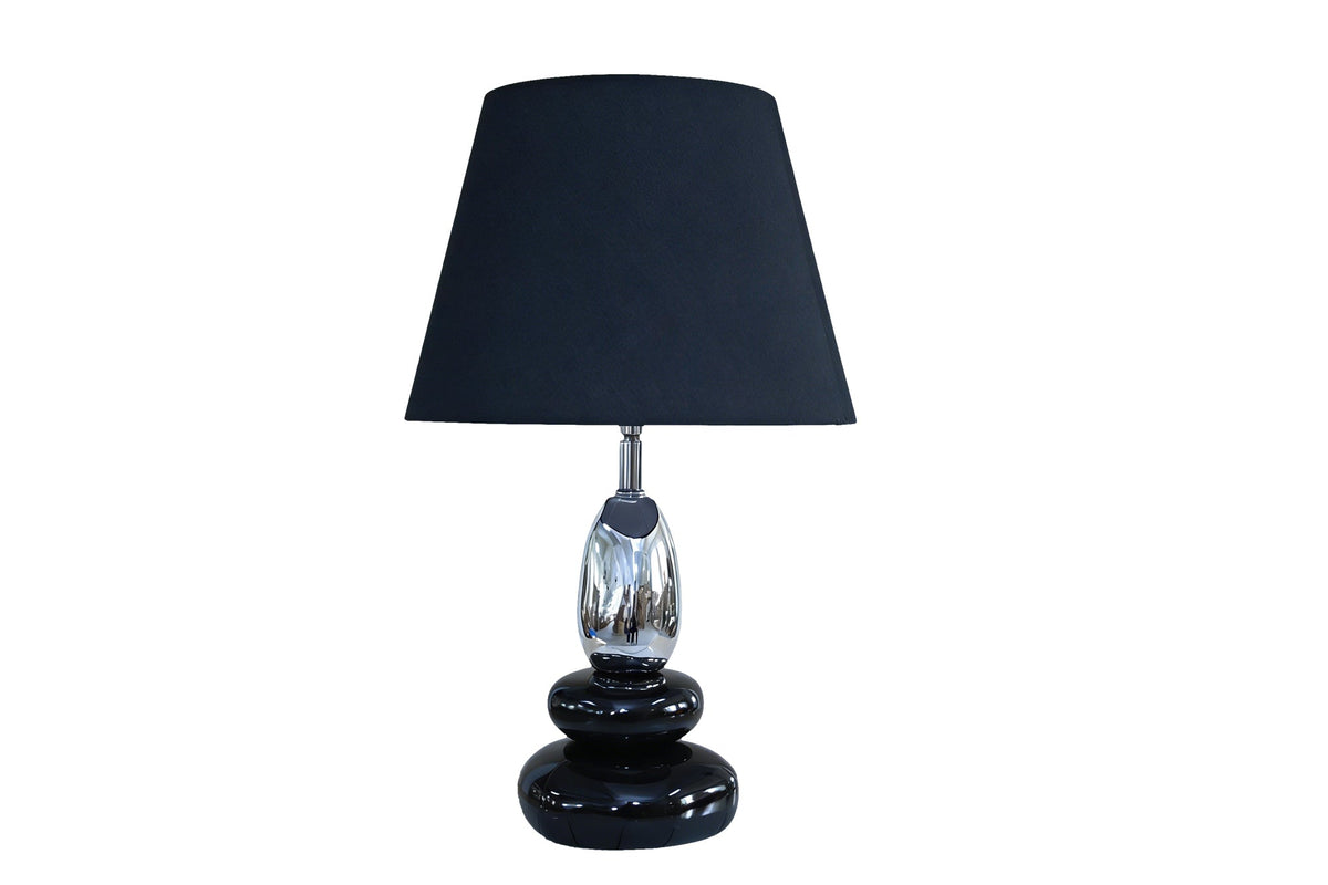 Dekorative Tischlampe STONES OF ZEN 45cm schwarz silber mit neigbarem Stoffschirm rund