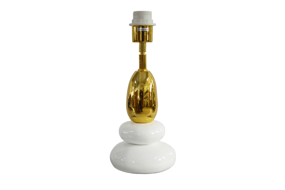 Dekorative Tischlampe STONES OF ZEN 45cm weiß gold mit Stoffschirm rund