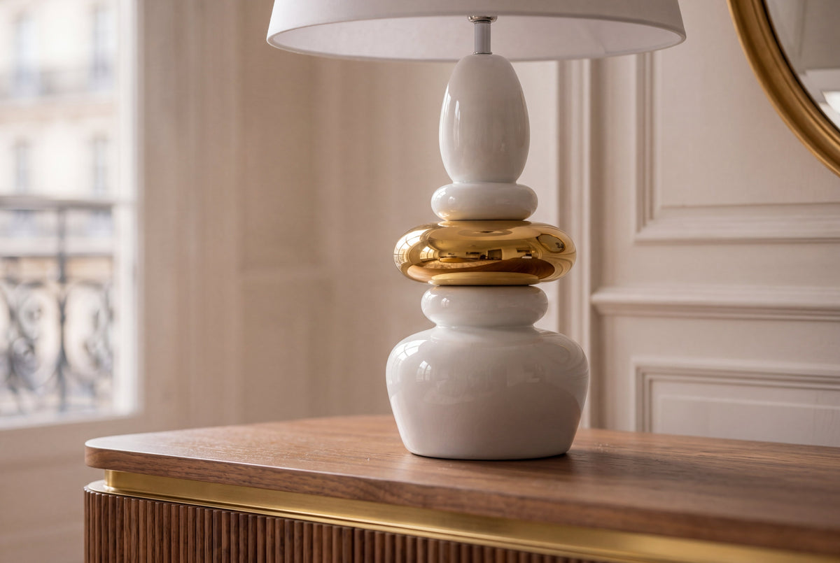 Dekorative Tischlampe STONES OF ZEN 70cm weiß gold mit Stoffschirm rund