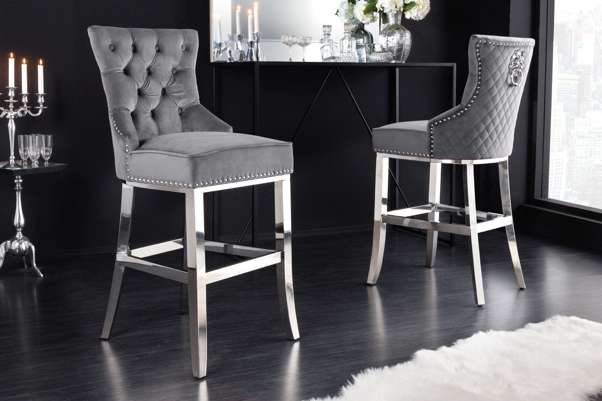 Design Barhocker CASTLE DELUXE gris velours argent acier inoxydable avec dossier Chesterfield