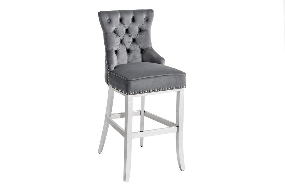 Design Barhocker CASTLE DELUXE gris velours argent acier inoxydable avec dossier Chesterfield