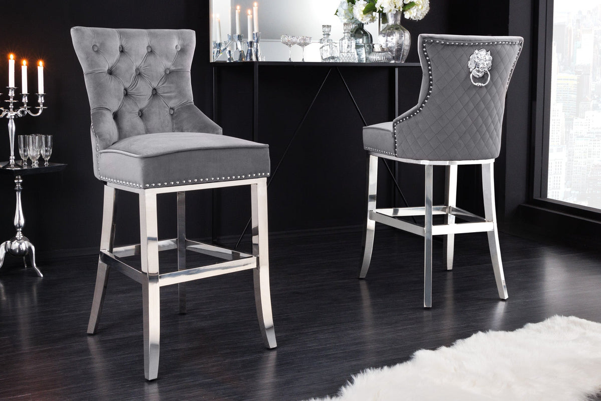 Design Barhocker CASTLE DELUXE gris velours argent acier inoxydable avec dossier Chesterfield