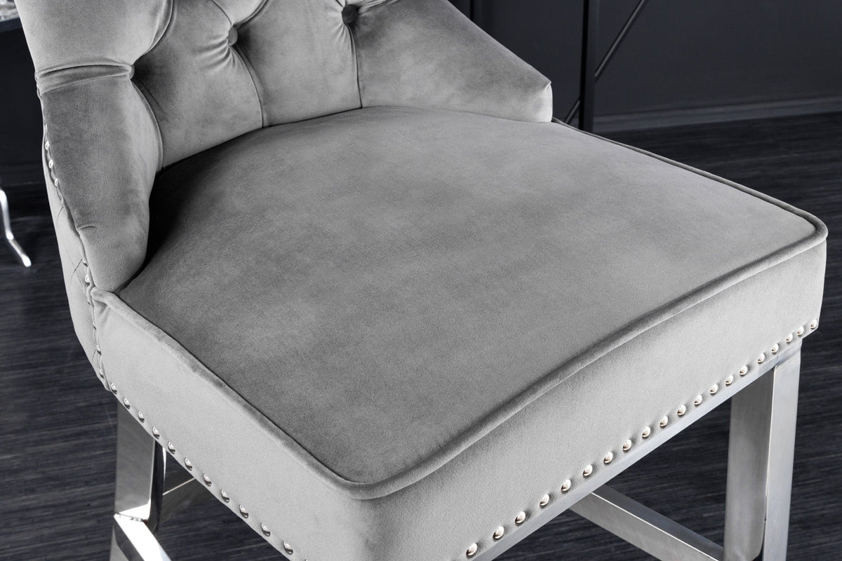 Design Barhocker CASTLE DELUXE gris velours argent acier inoxydable avec dossier Chesterfield