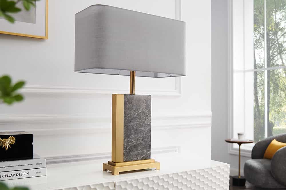 Design lampe de table ELEGANCIA 65cm or gris abat-jour en tissu marbre