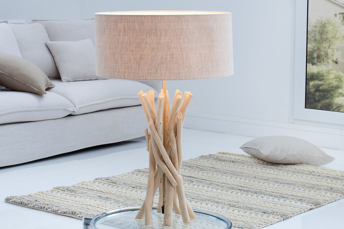 Design lampe de table en bois flotté WILD NATURE 62cm sable avec abat-jour en lin