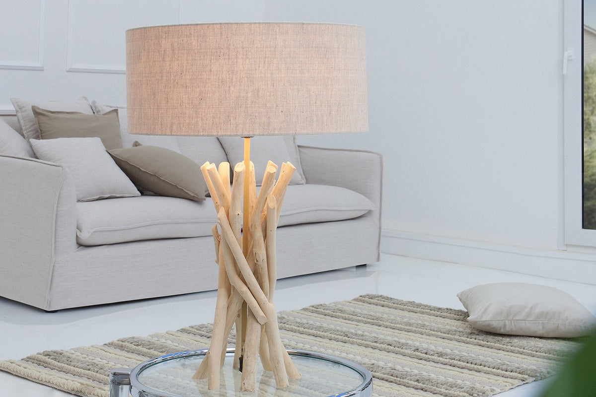 Design lampe de table en bois flotté WILD NATURE 62cm sable avec abat-jour en lin