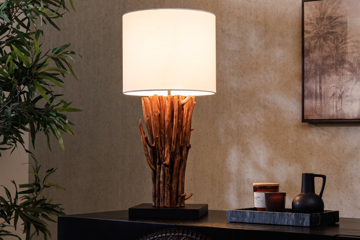 Design lampe de table EUPHORIA 60cm naturel blanc rond bois massif fait main (réf. 43452)