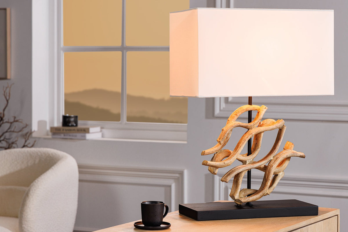 Design lampe de table WAVE 60cm naturel bois massif handmade blanc abat-jour en coton