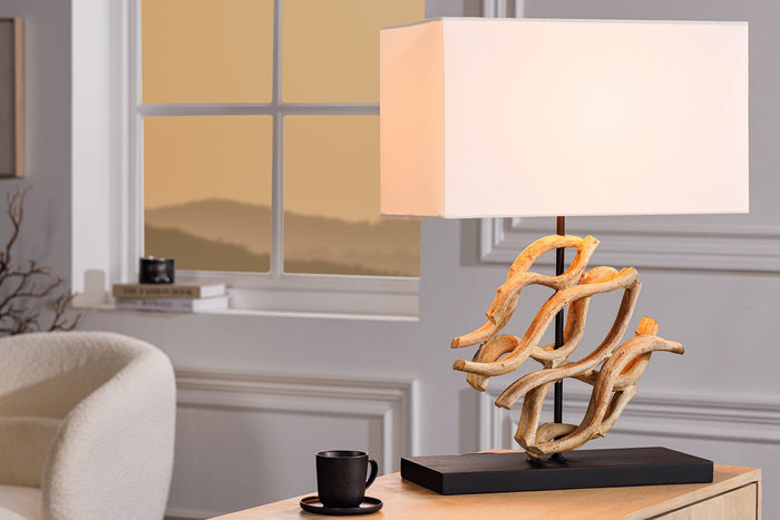 Design lampe de table WAVE 60cm naturel bois massif handmade blanc abat-jour en coton