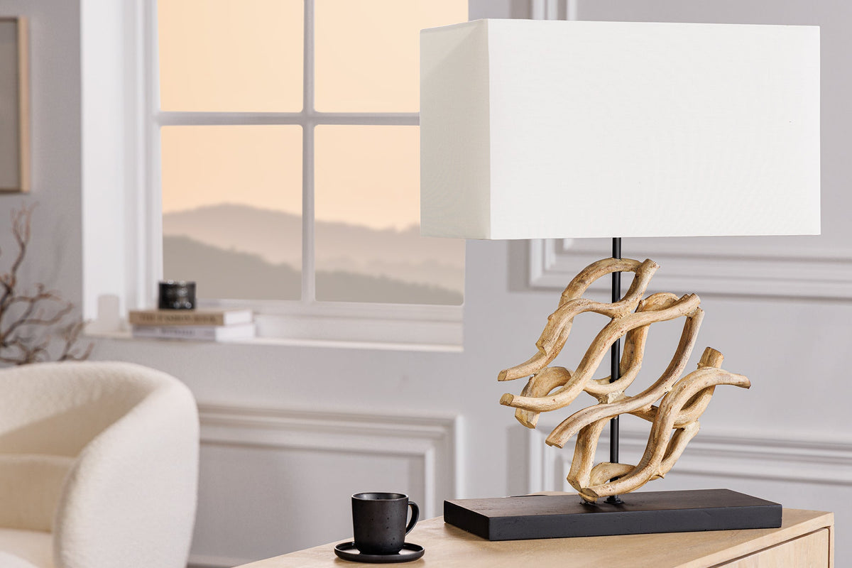 Design lampe de table WAVE 60cm naturel bois massif handmade blanc abat-jour en coton