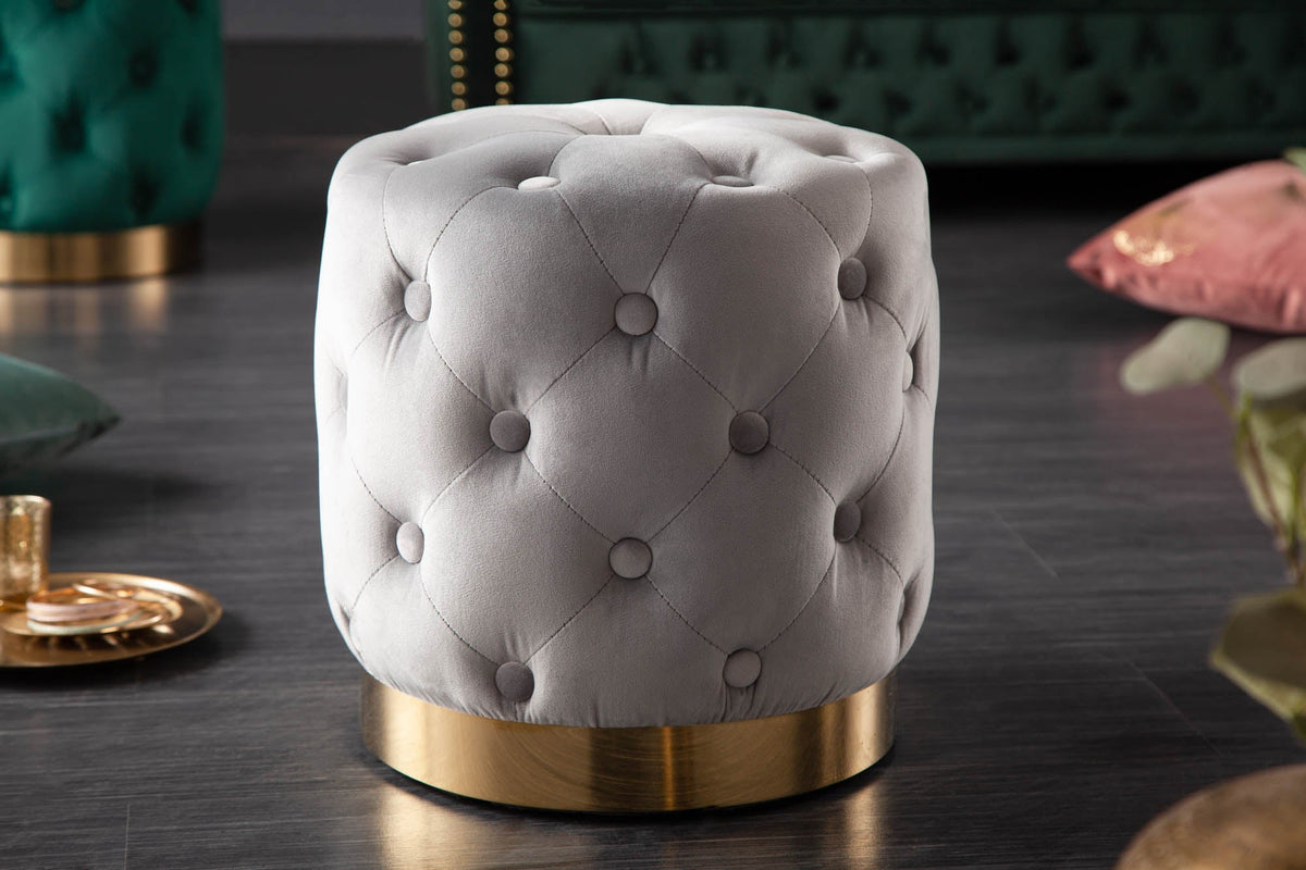 Design pouf MODERN BAROCK 37cm gris-noble or velours Chesterfield