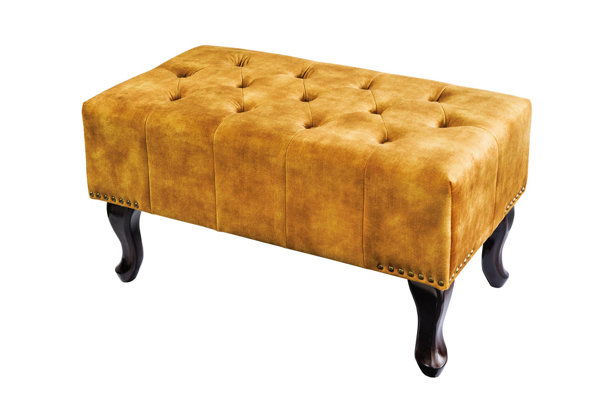 Design repose-pieds CHESTERFIELD 80cm jaune moutarde velours boutonnage clous décoratifs