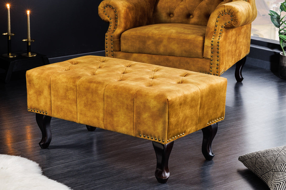Design repose-pieds CHESTERFIELD 80cm jaune moutarde velours boutonnage clous décoratifs