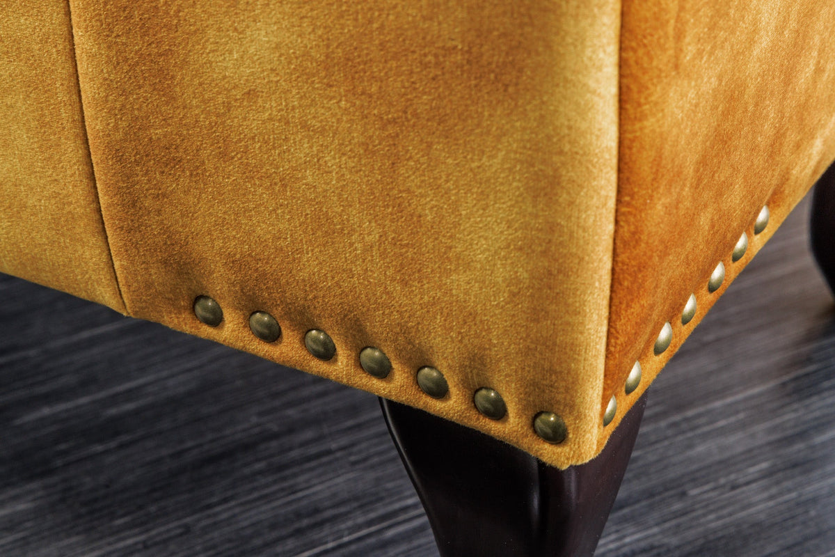 Design repose-pieds CHESTERFIELD 80cm jaune moutarde velours boutonnage clous décoratifs