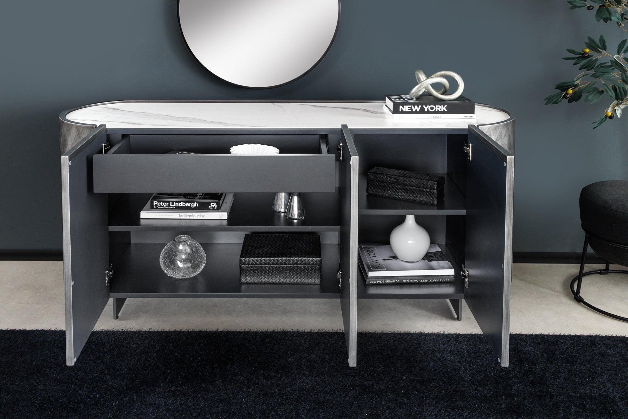 Design Sideboard REFLECTION 150cm weiß Keramik Marmor anthrazit 3D Effekt brushed Finish