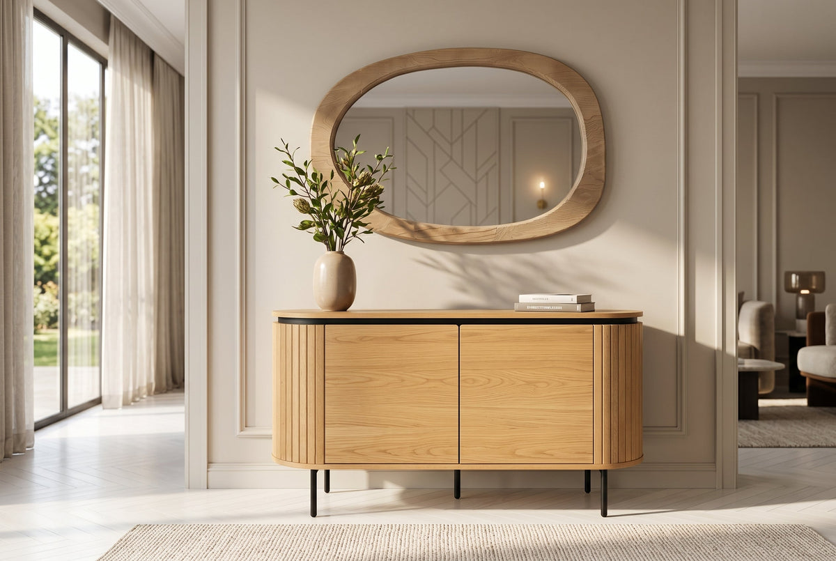 Design Spiegel ORGANIC 105cm natur beige Pinienholz abgerundeter Rahmen Wandspiegel