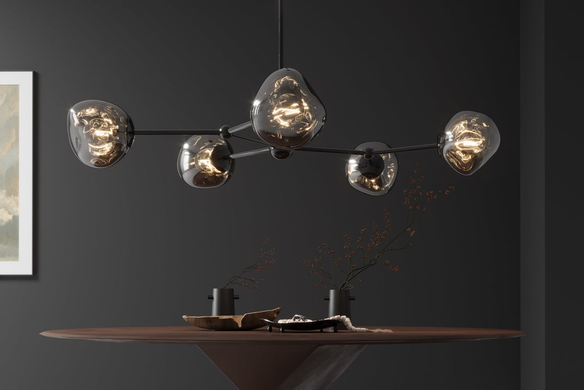 Design suspension LIQUID DIAMOND 100cm smoke noir verre cinq abats-jours luminaire sphérique