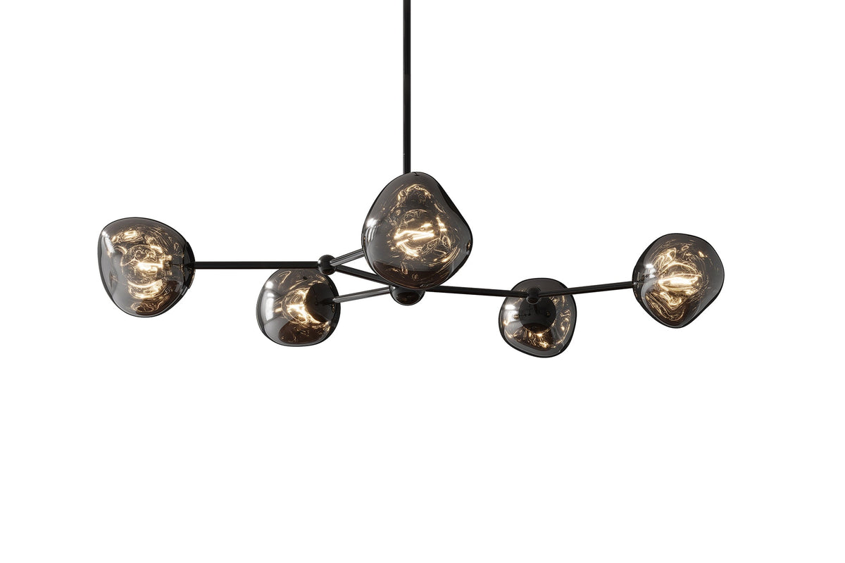 Design suspension LIQUID DIAMOND 100cm smoke noir verre cinq abats-jours luminaire sphérique