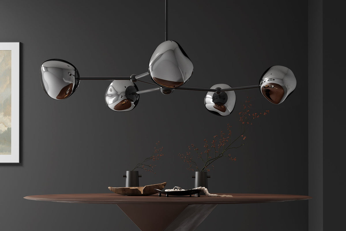 Design suspension LIQUID DIAMOND 100cm smoke noir verre cinq abats-jours luminaire sphérique