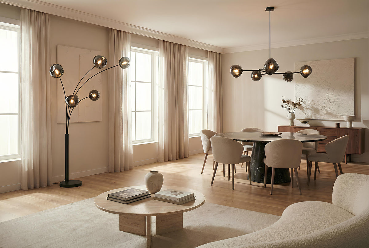 Design suspension LIQUID DIAMOND 100cm smoke noir verre cinq abats-jours luminaire sphérique