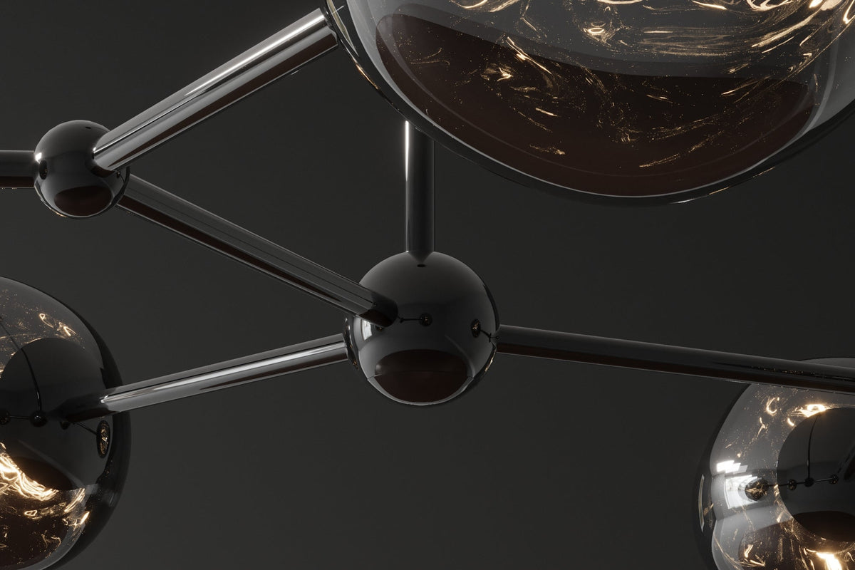 Design suspension LIQUID DIAMOND 100cm smoke noir verre cinq abats-jours luminaire sphérique
