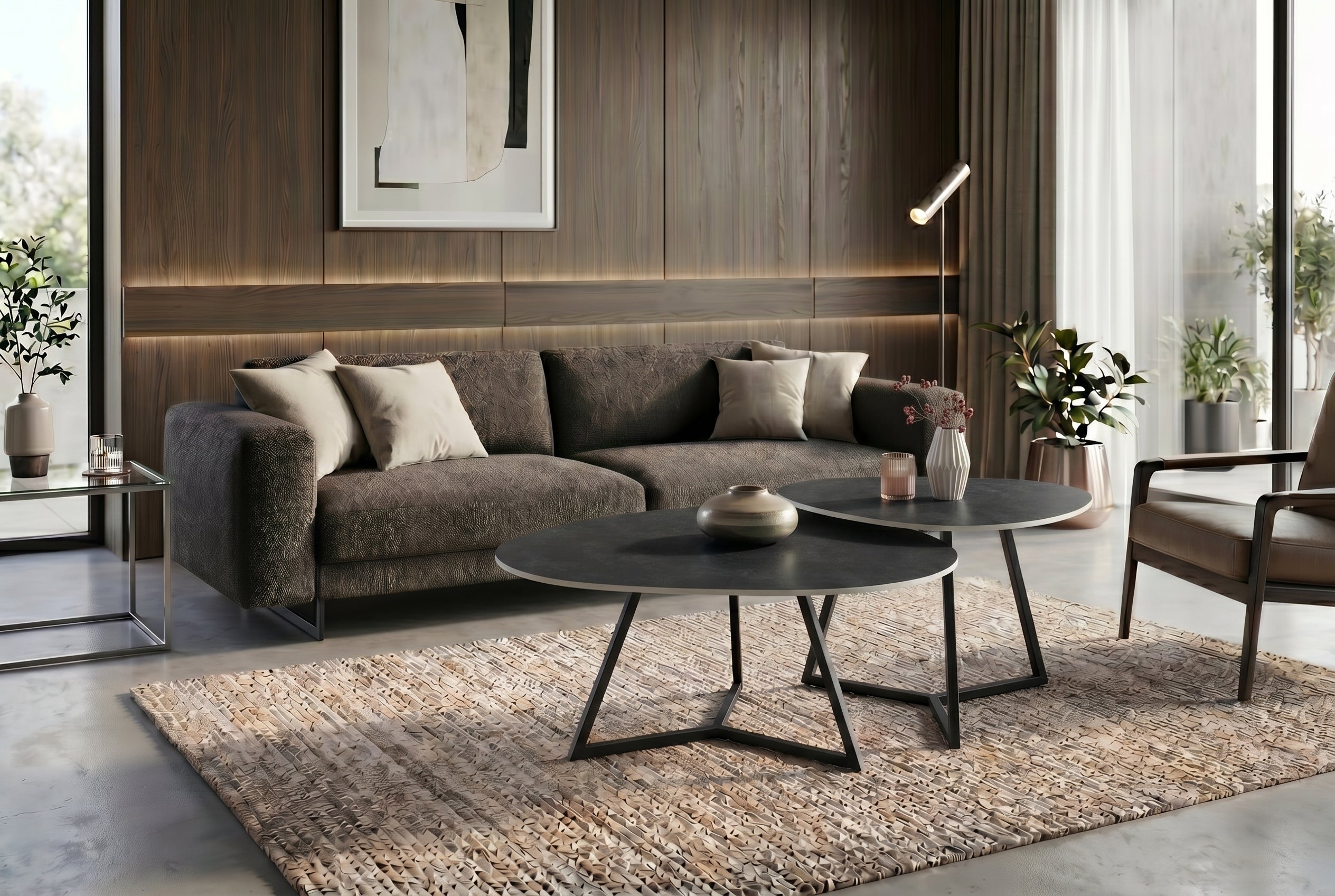 Design table basse MARVELOUS 70cm marbre anthracite céramique métal noir