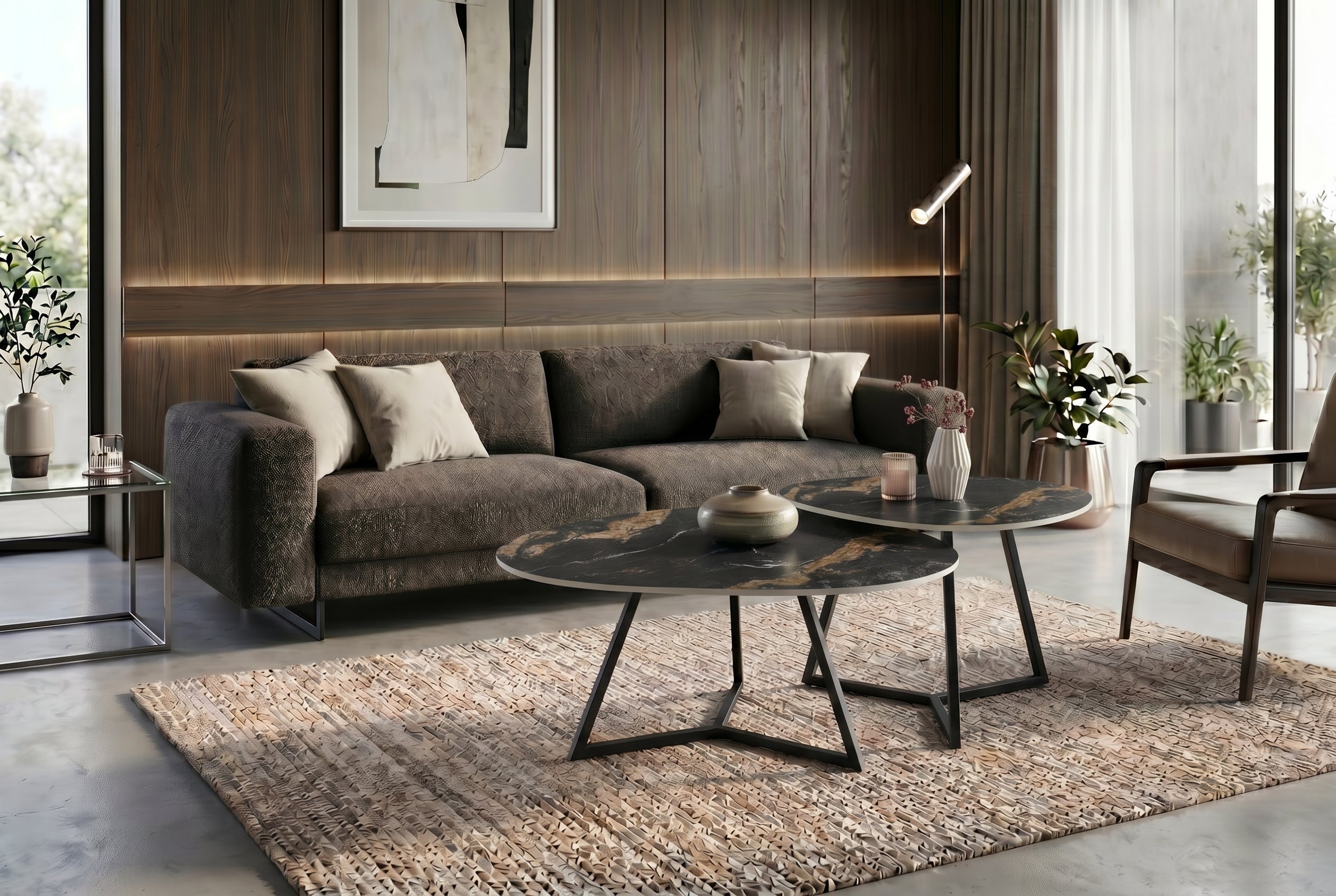 Design table basse MARVELOUS 70cm noir or sable AURORA ORO céramique métal