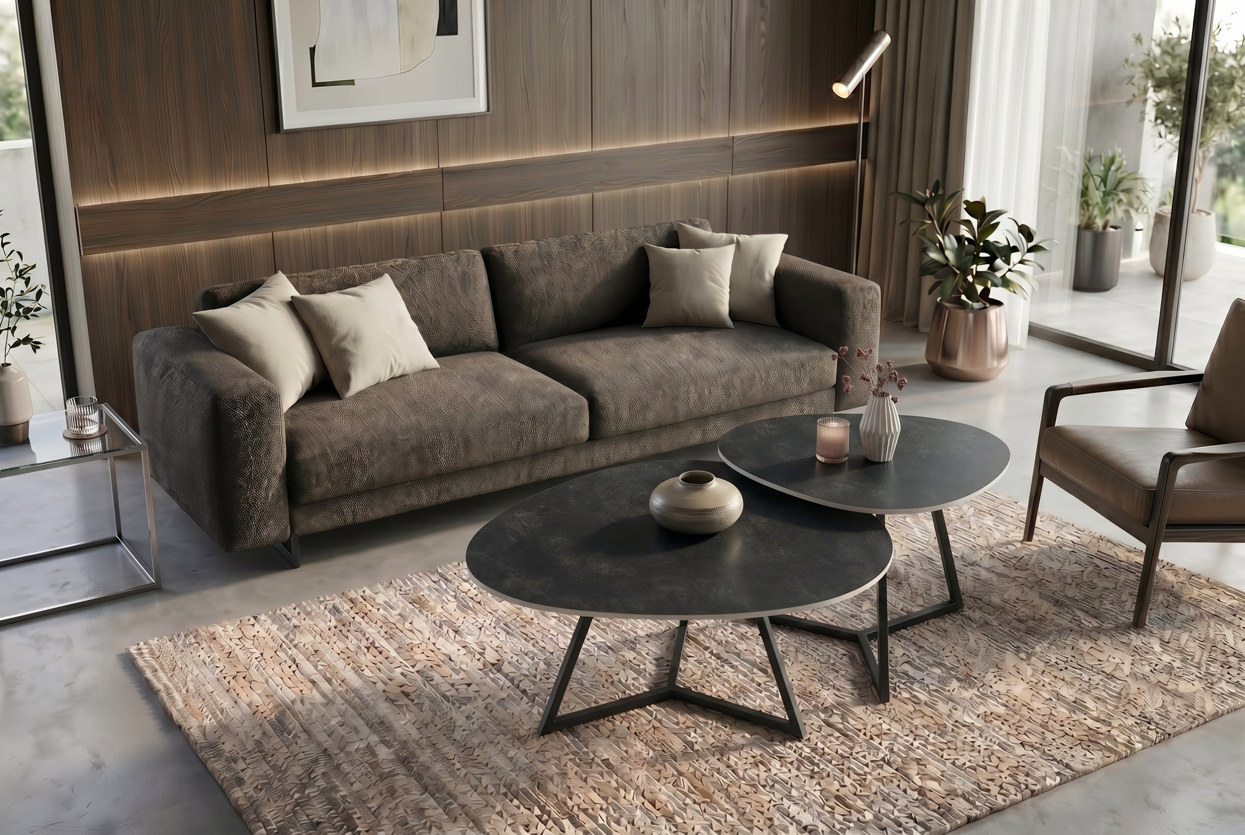 Design table basse MARVELOUS 90cm marbre anthracite céramique métal noir