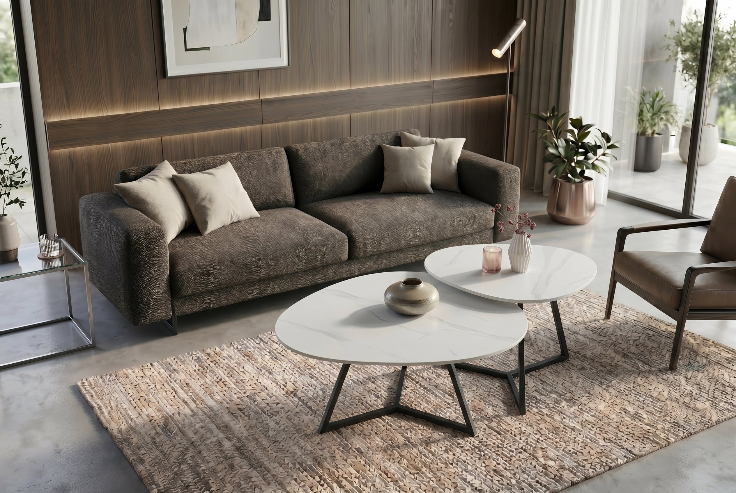 Design table basse MARVELOUS 90cm marbre blanc céramique métal noir