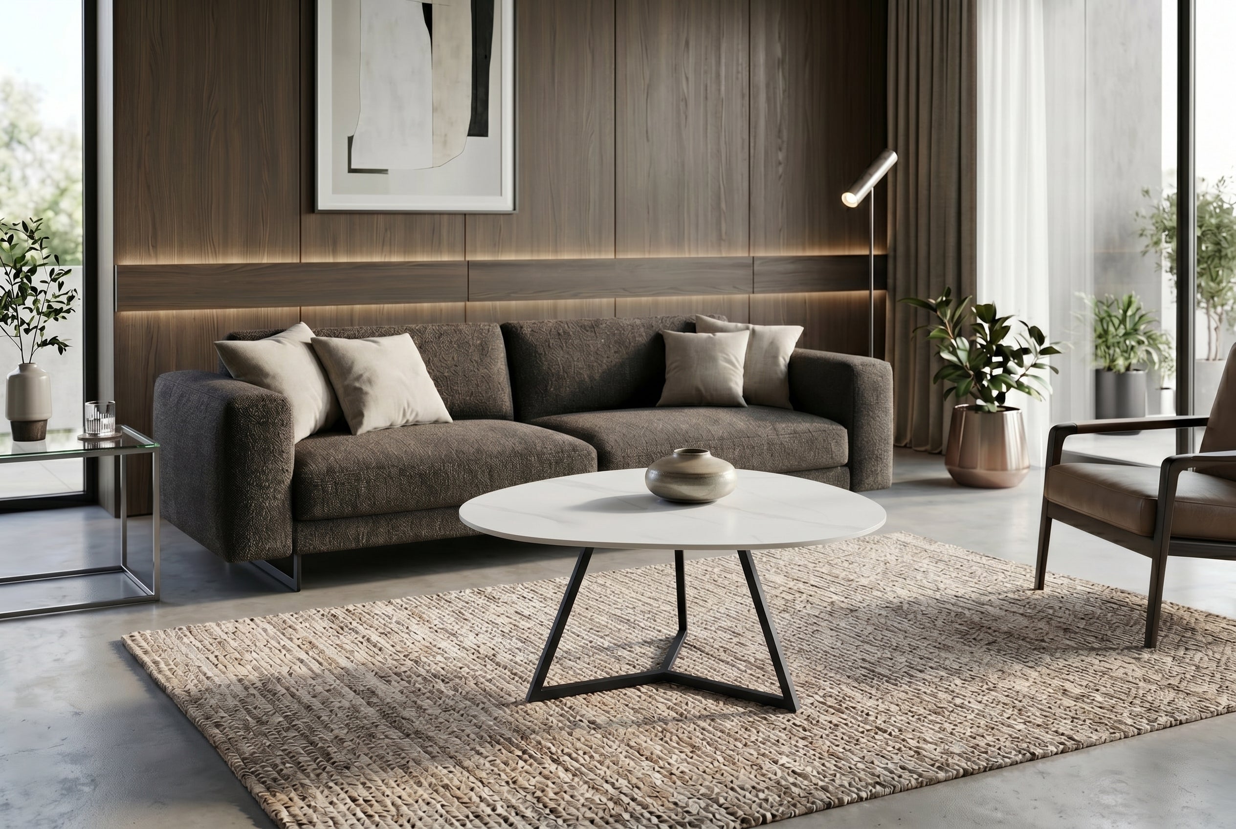 Design table basse MARVELOUS 90cm marbre blanc céramique métal noir