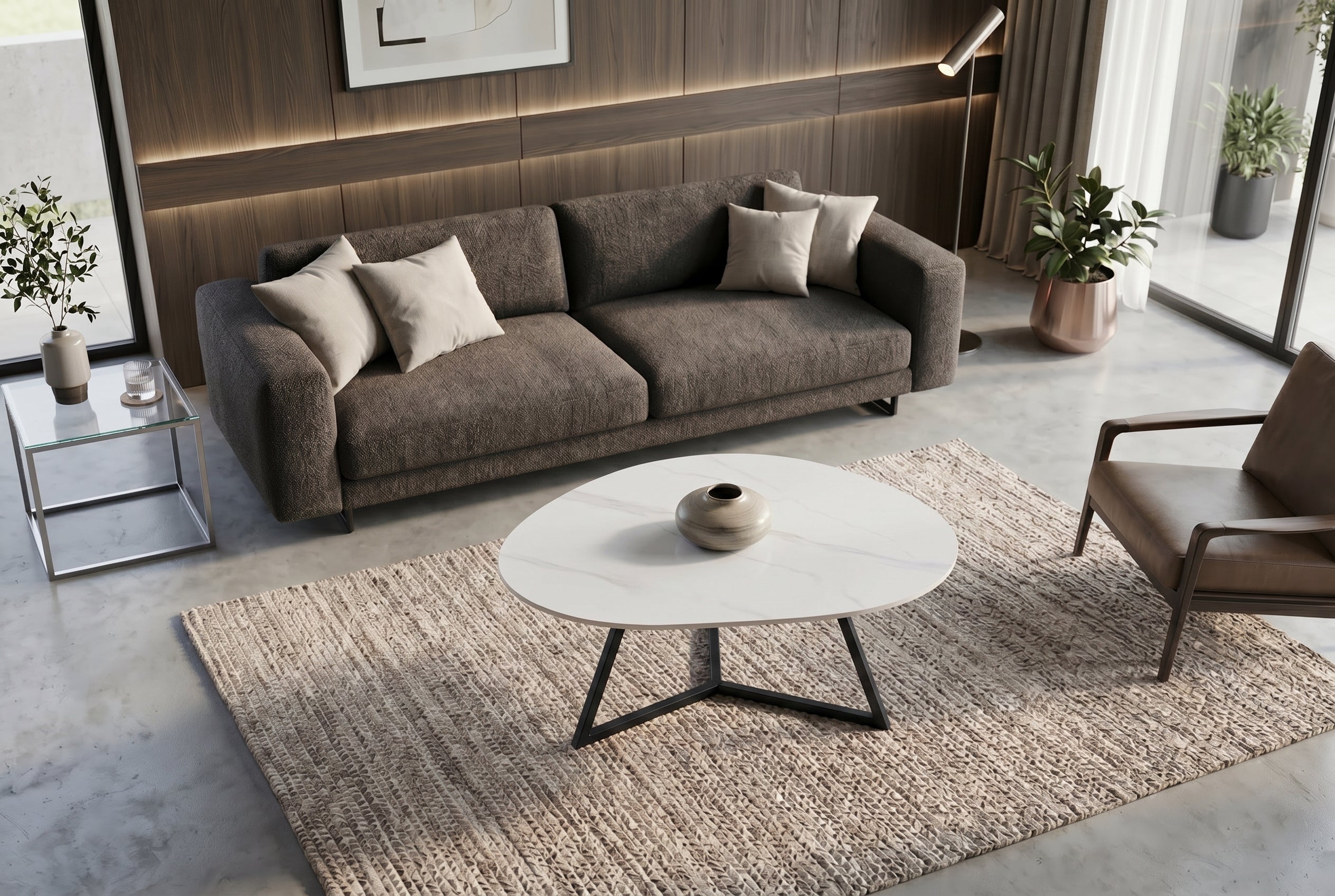 Design table basse MARVELOUS 90cm marbre blanc céramique métal noir