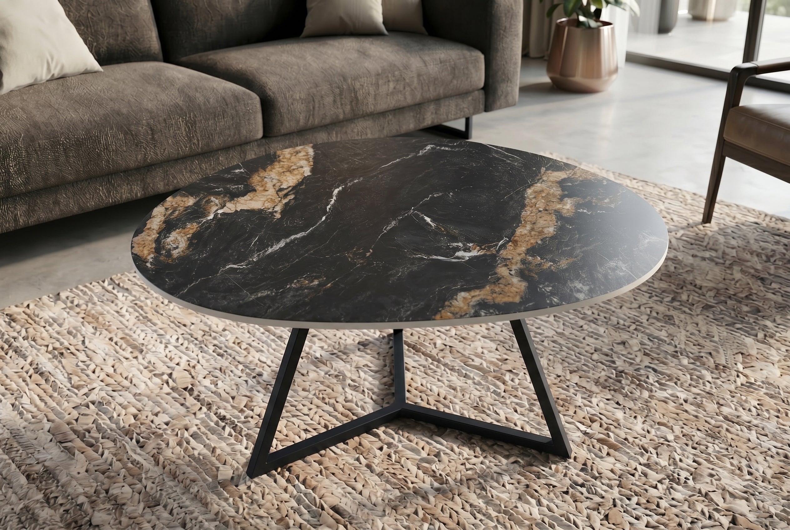Design table basse MARVELOUS 90cm noir or sable Aurora Oro céramique métal