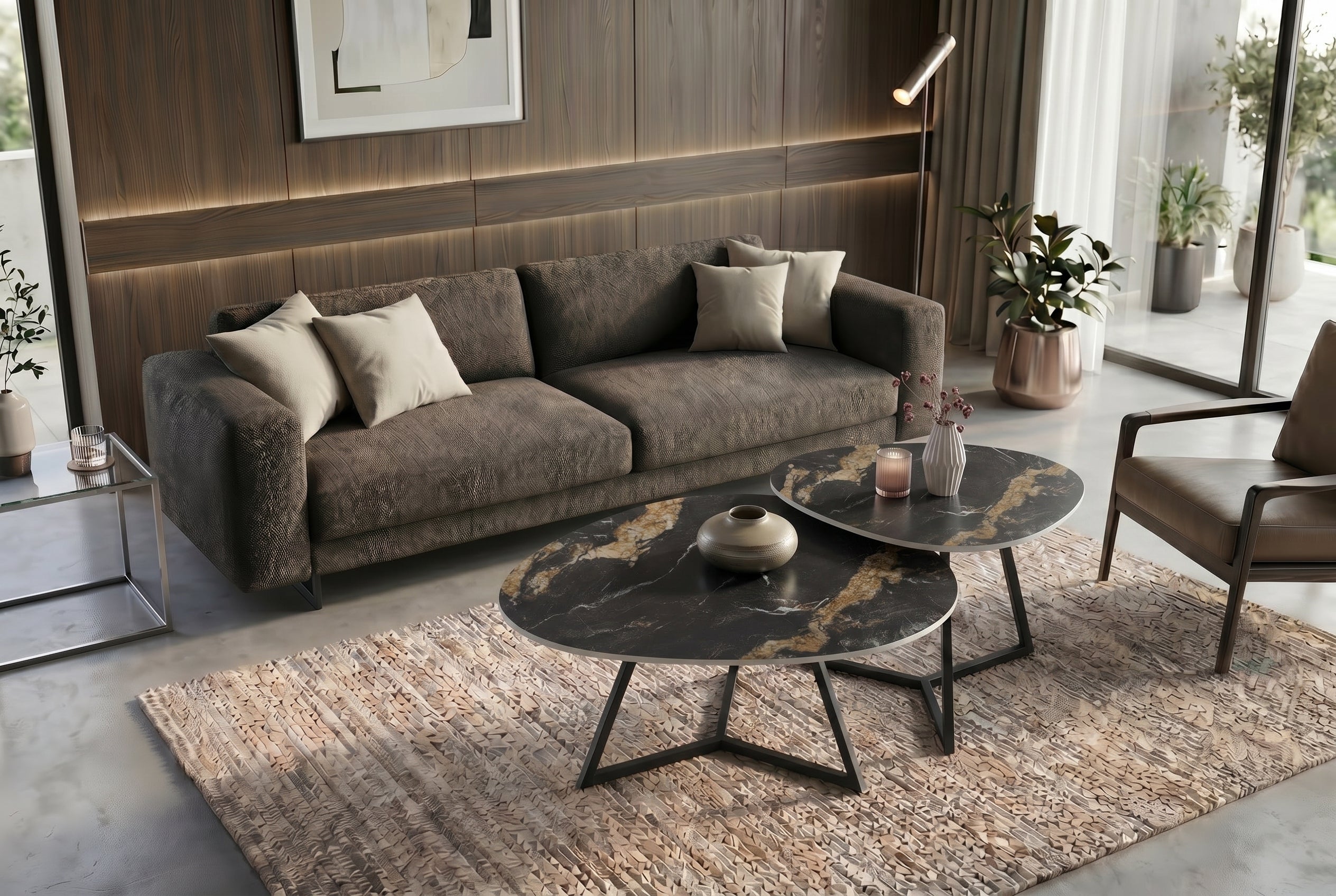 Design table basse MARVELOUS 90cm noir or sable Aurora Oro céramique métal