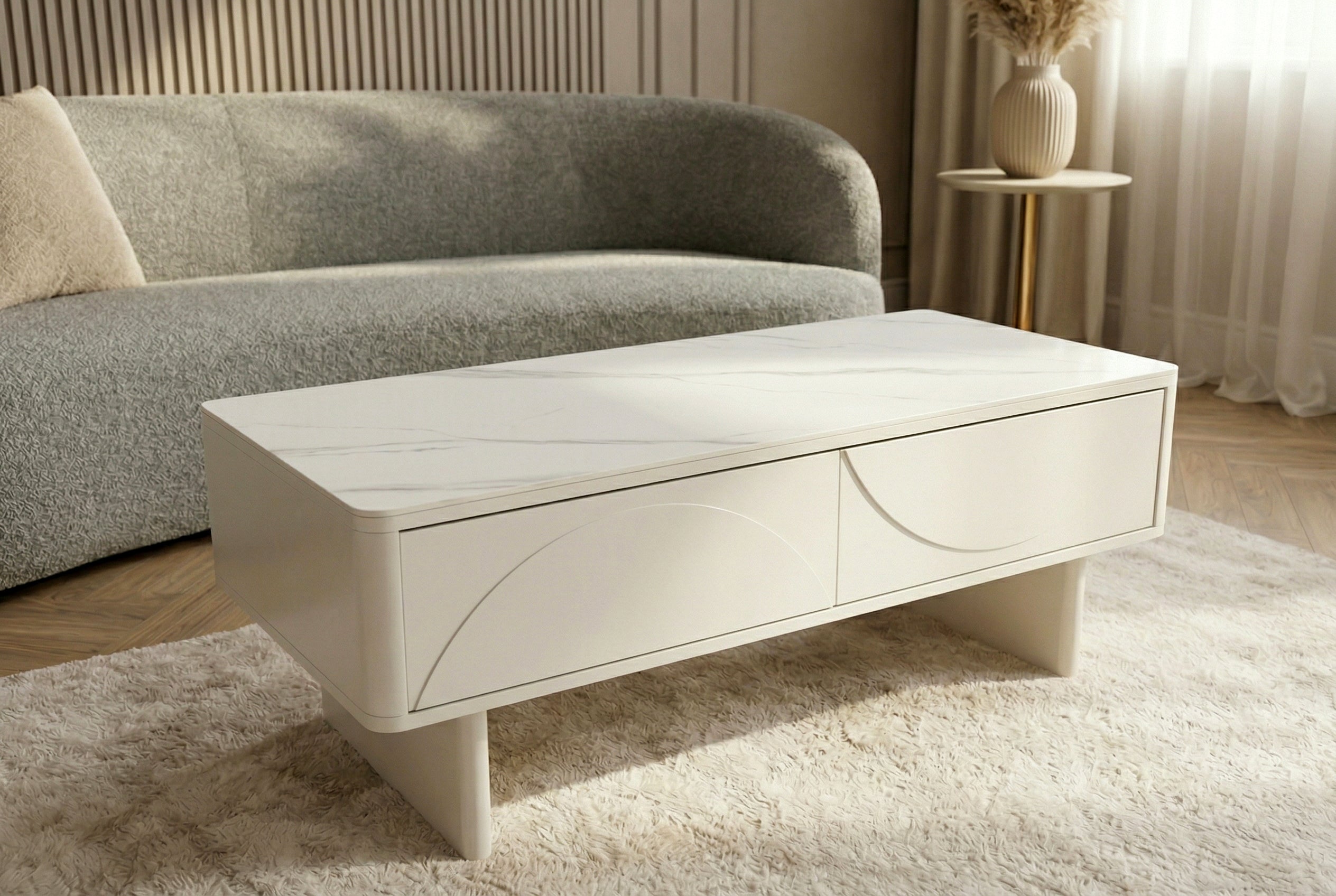 Design table basse SAVOY 120cm cachemire blanc céramique marbre avec tiroirs