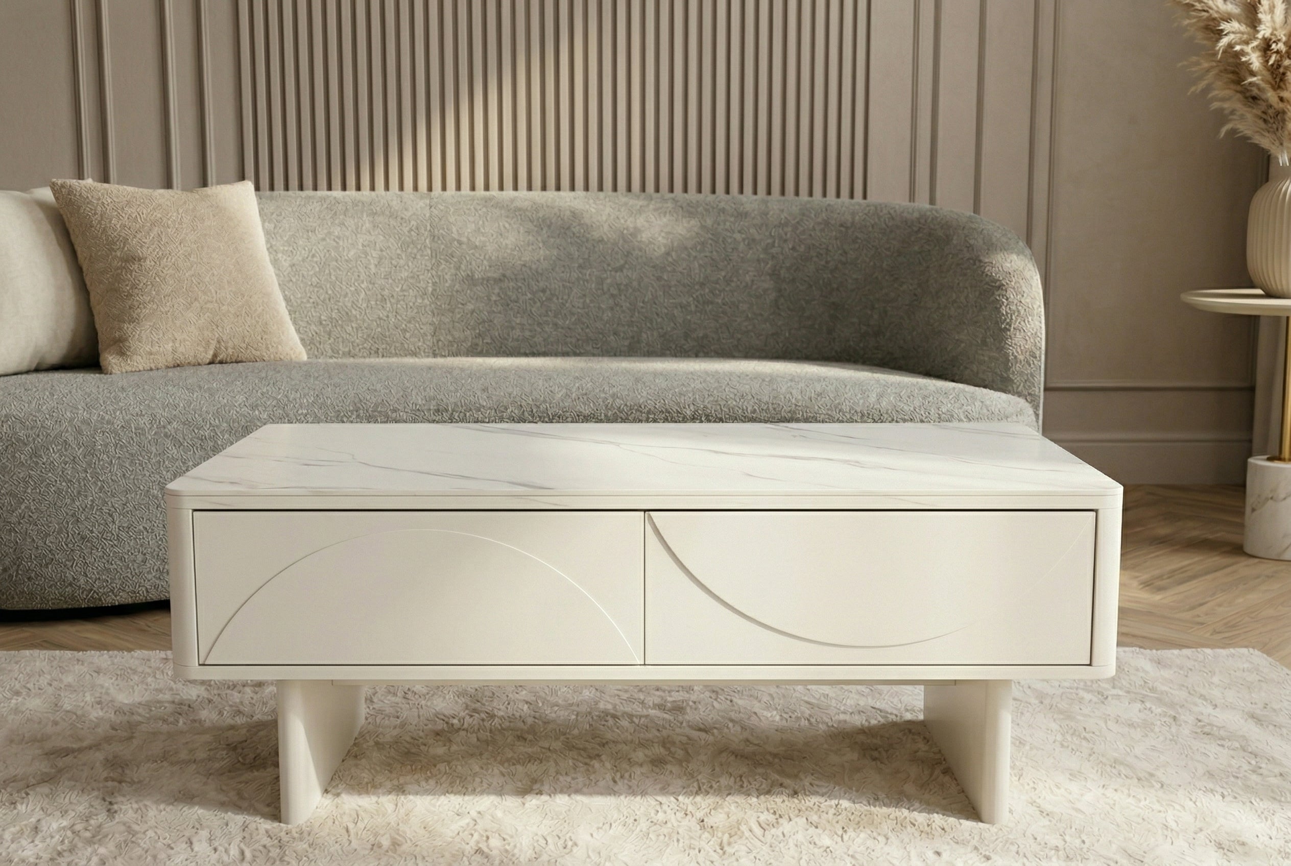 Design table basse SAVOY 120cm cachemire blanc céramique marbre avec tiroirs