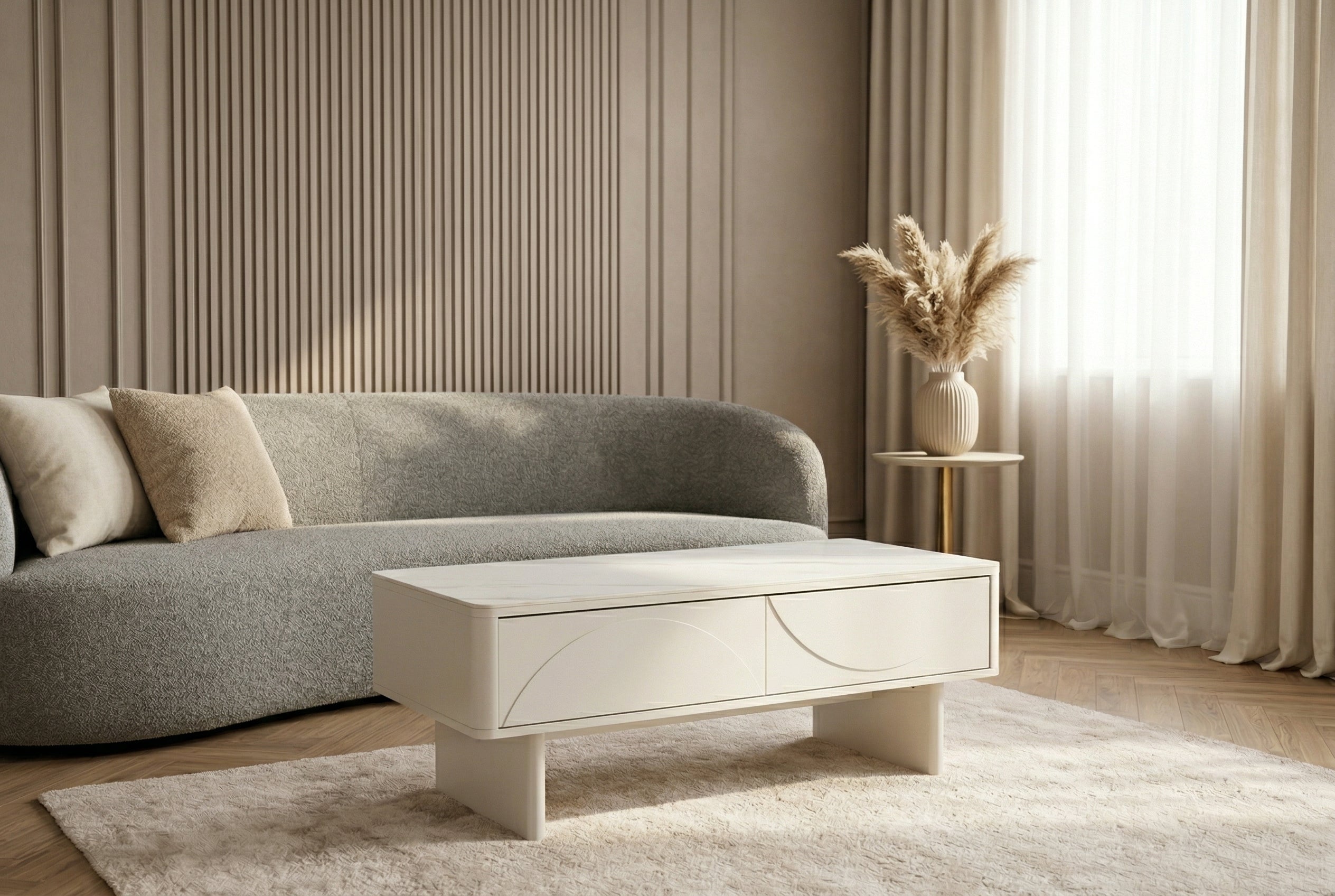 Design table basse SAVOY 120cm cachemire blanc céramique marbre avec tiroirs