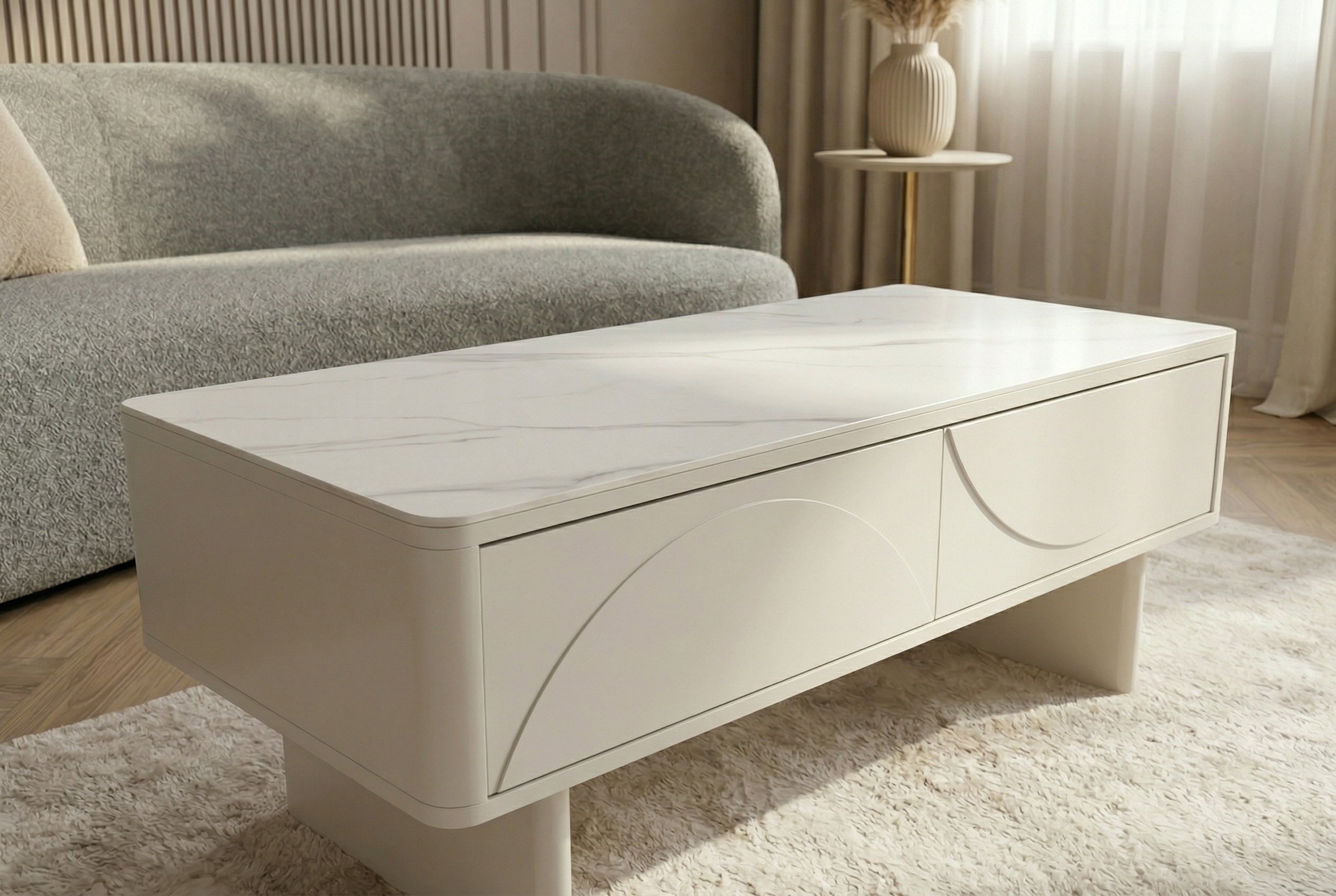 Design table basse SAVOY 120cm cachemire blanc céramique marbre avec tiroirs