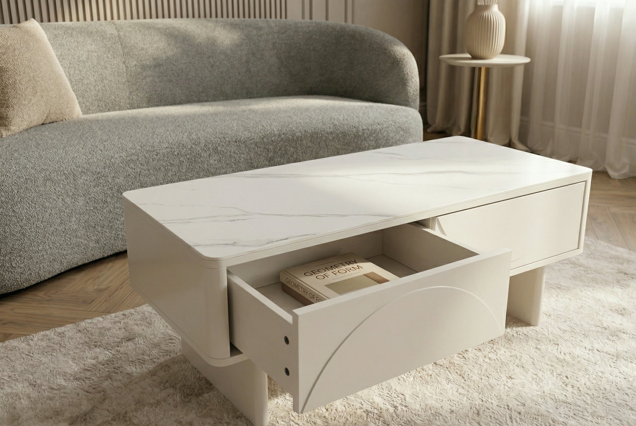 Design table basse SAVOY 120cm cachemire blanc céramique marbre avec tiroirs
