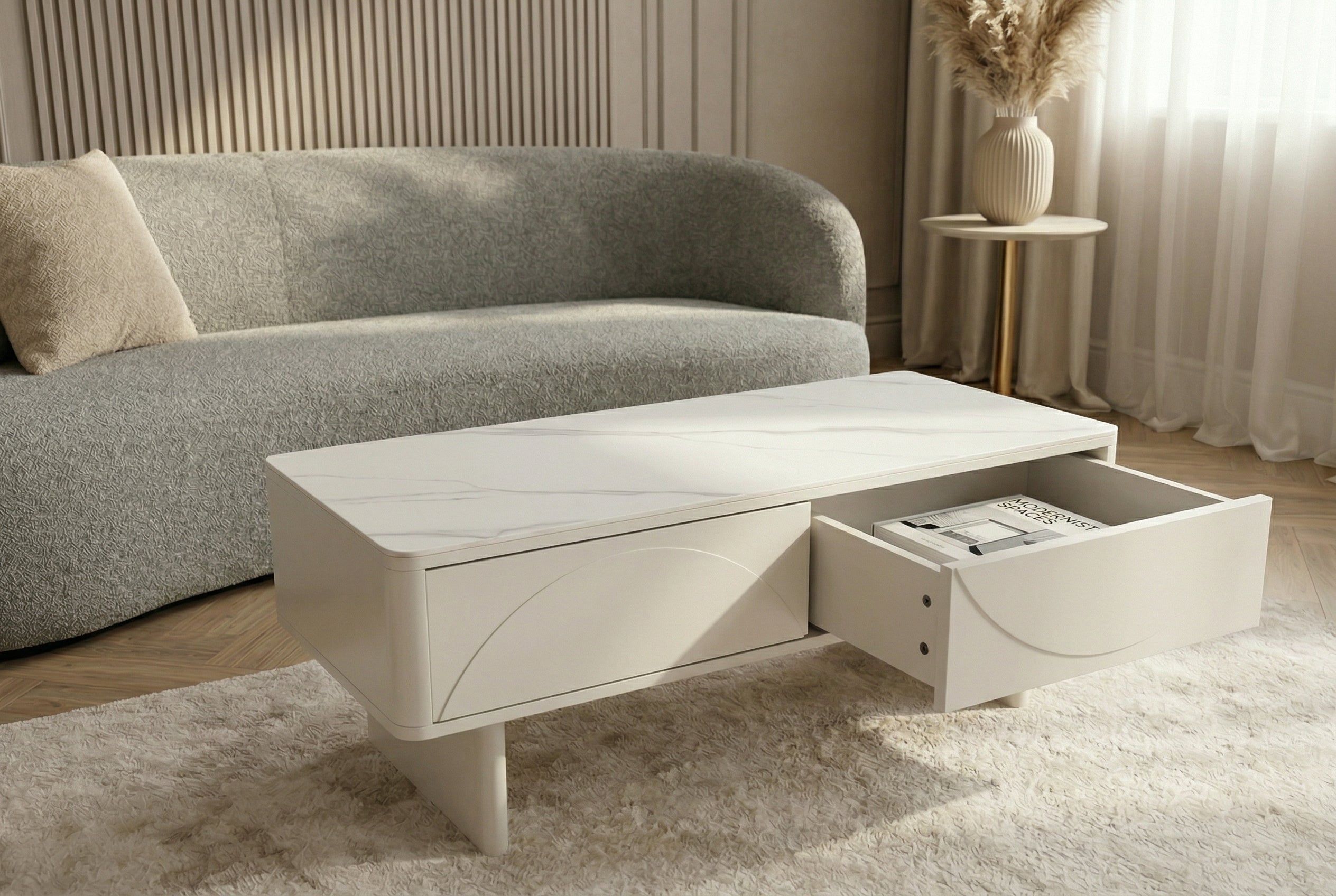 Design table basse SAVOY 120cm cachemire blanc céramique marbre avec tiroirs