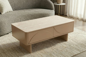 Design table basse SAVOY 120cm gris beige greige céramique travertin avec tiroir