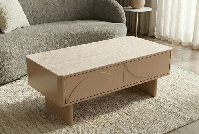 Design table basse SAVOY 120cm gris beige greige céramique travertin avec tiroir