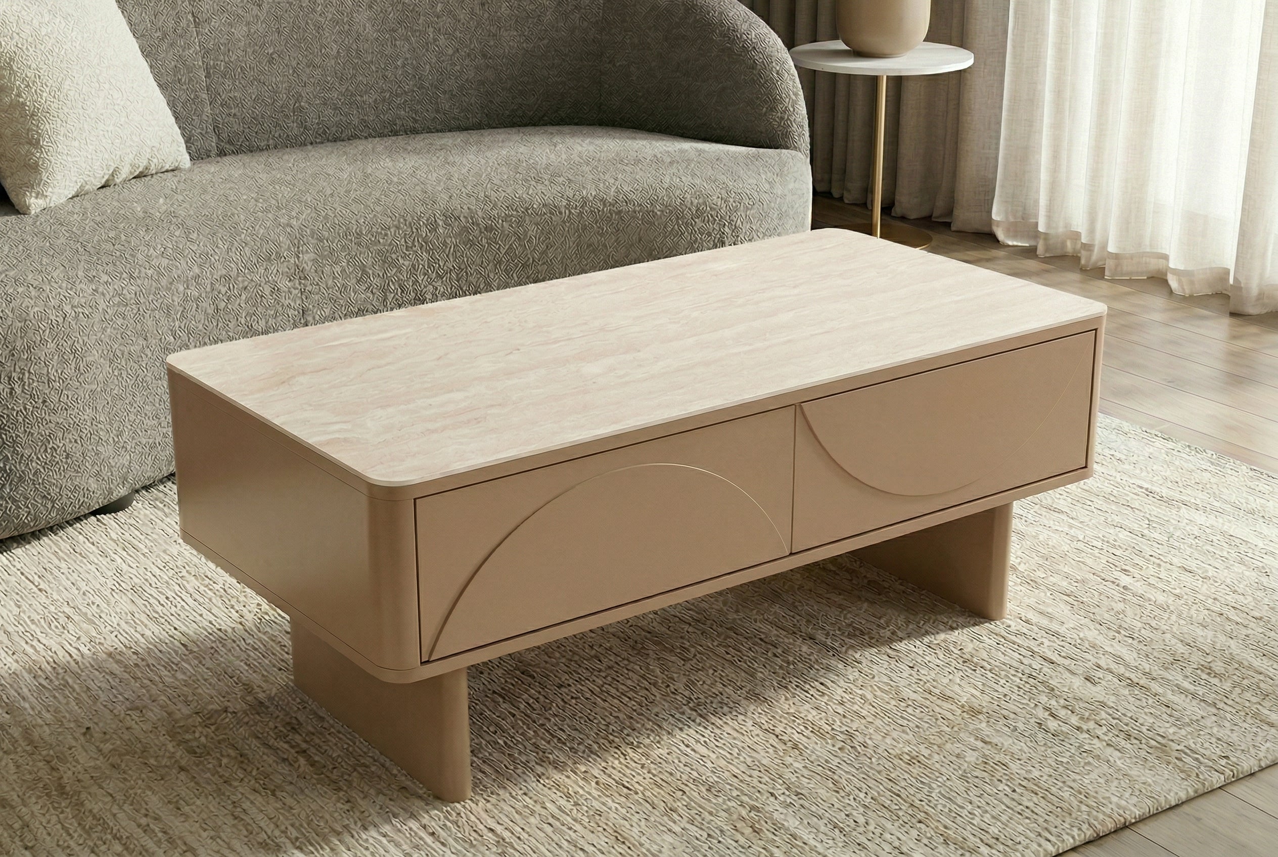 Design table basse SAVOY 120cm gris beige greige céramique travertin avec tiroir