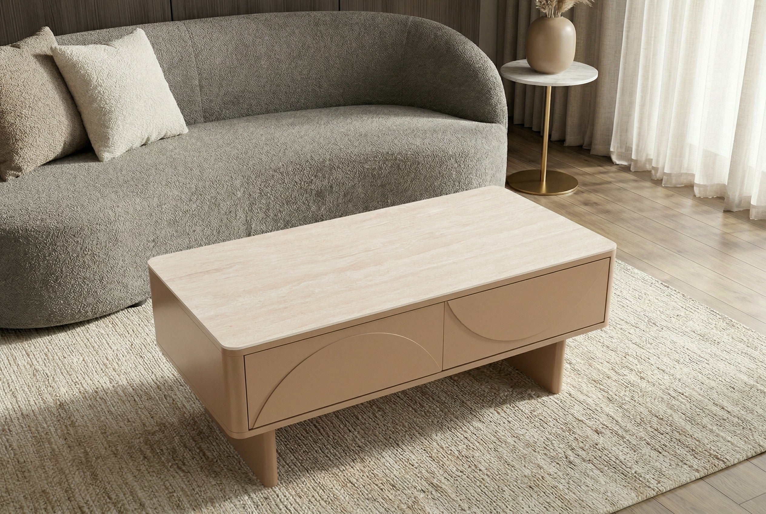 Design table basse SAVOY 120cm gris beige greige céramique travertin avec tiroir