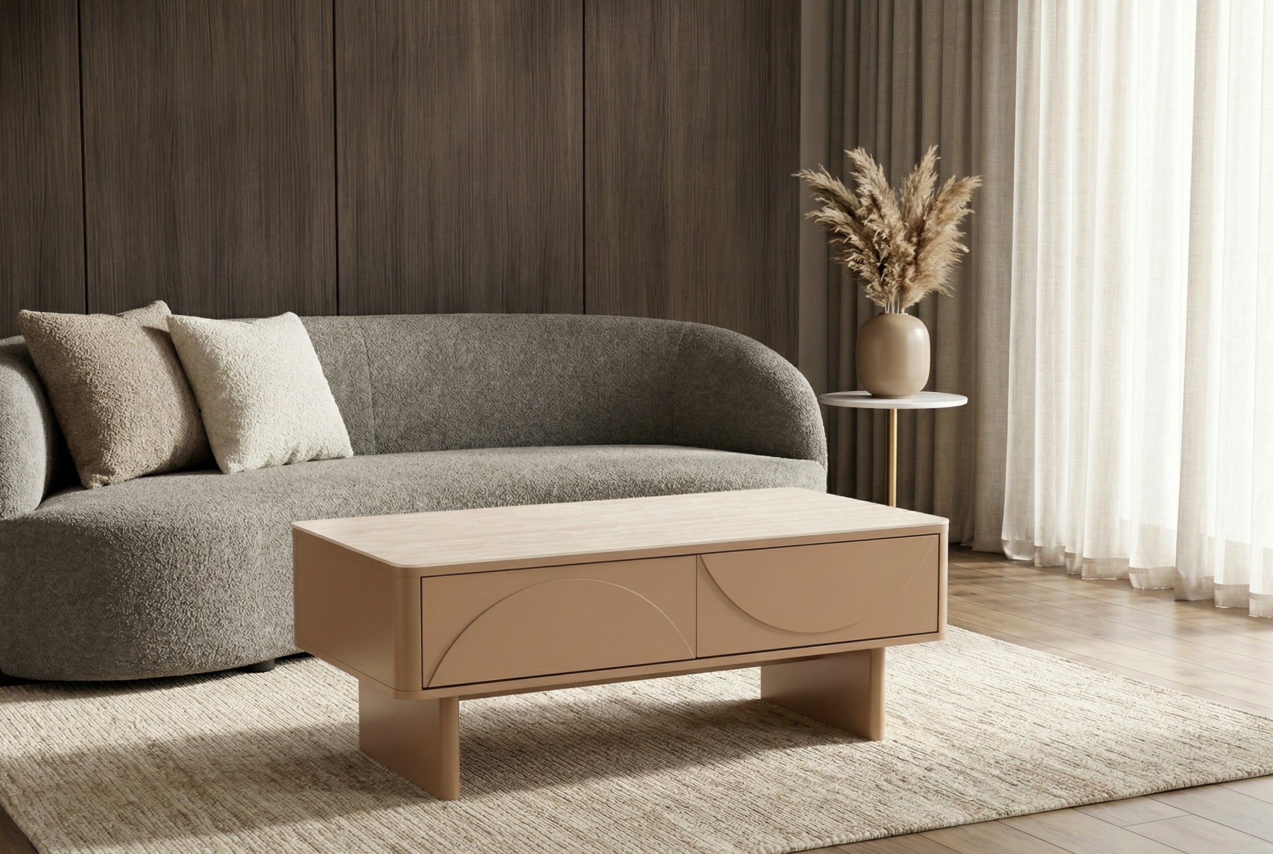Design table basse SAVOY 120cm gris beige greige céramique travertin avec tiroir