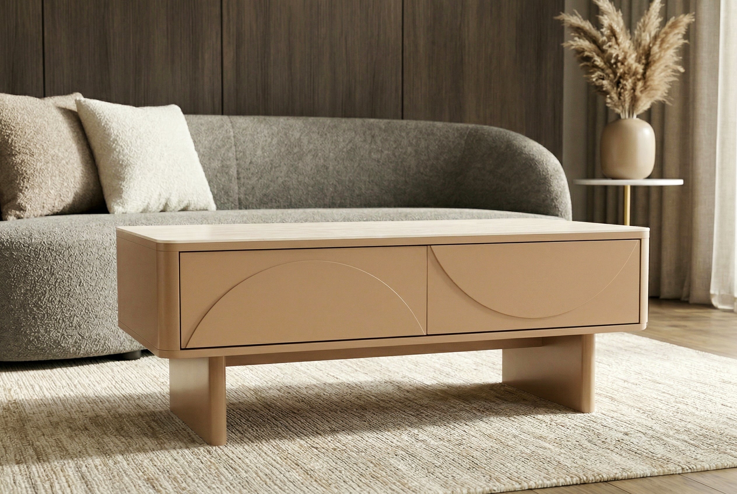 Design table basse SAVOY 120cm gris beige greige céramique travertin avec tiroir
