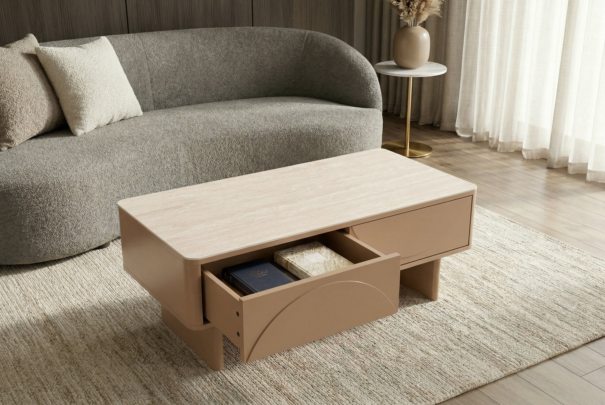Design table basse SAVOY 120cm gris beige greige céramique travertin avec tiroir