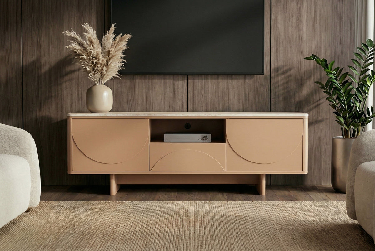 Design TV Board SAVOY 150cm grau beige greige Travertin Keramik mit Schublade 3D-Front