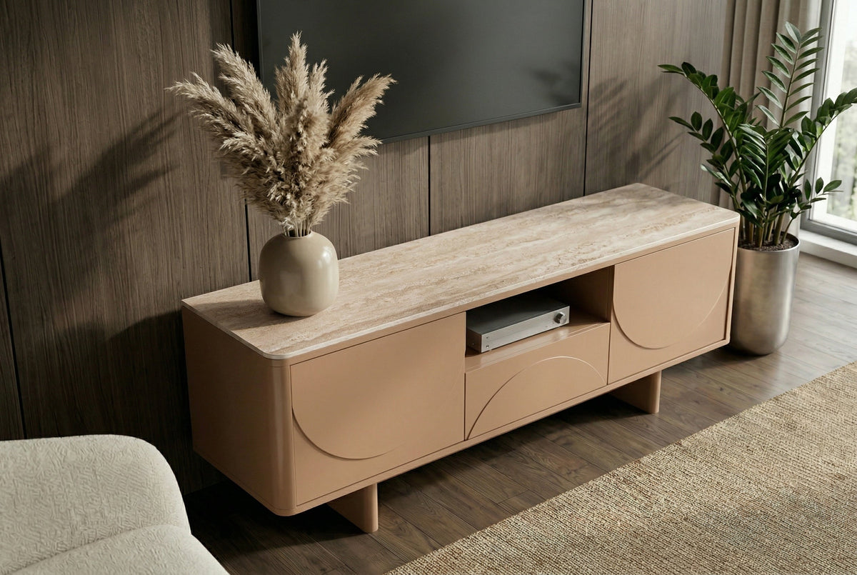 Design TV Board SAVOY 150cm grau beige greige Travertin Keramik mit Schublade 3D-Front