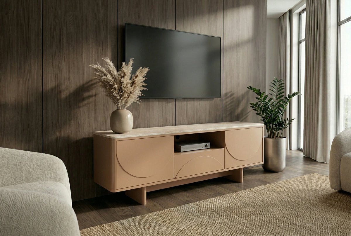Design TV Board SAVOY 150cm grau beige greige Travertin Keramik mit Schublade 3D-Front